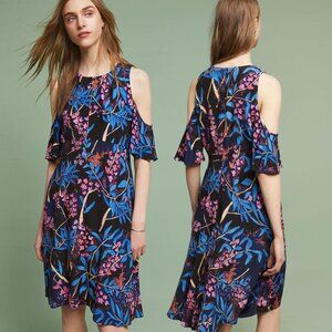 Anthropologie Maeve Elia Open-Shoulder Navy Blue Floral Short Sleeve Mini Dress